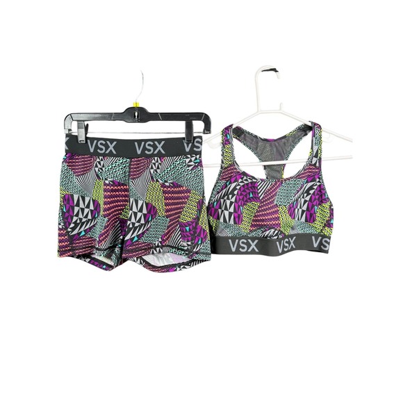 Victorias Secret VSX Sport Bra Shorts Set Womens Medium Multicolor Geometric - Picture 2 of 10